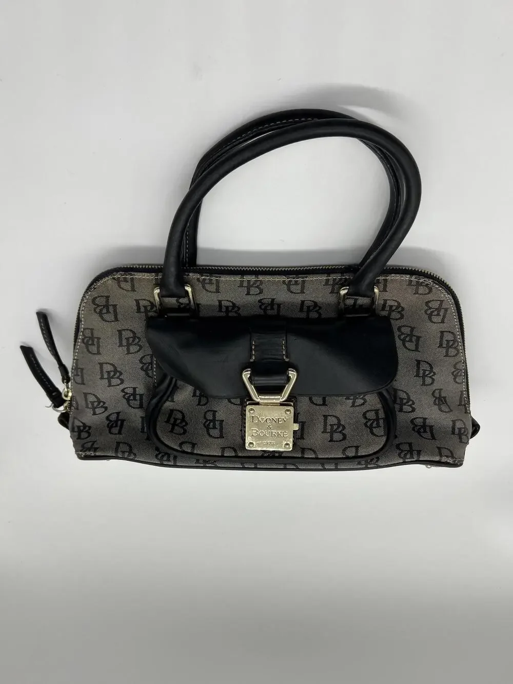 Dooney & Bourke Satchel Bag Womens Medium Gray Logo Canvas Leather Zip Purse