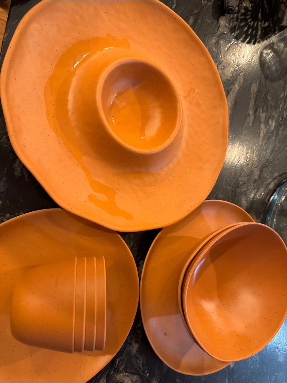 Melamine Speckled Orange Appetizer Set - Vibrant Orange Plates & Bowls