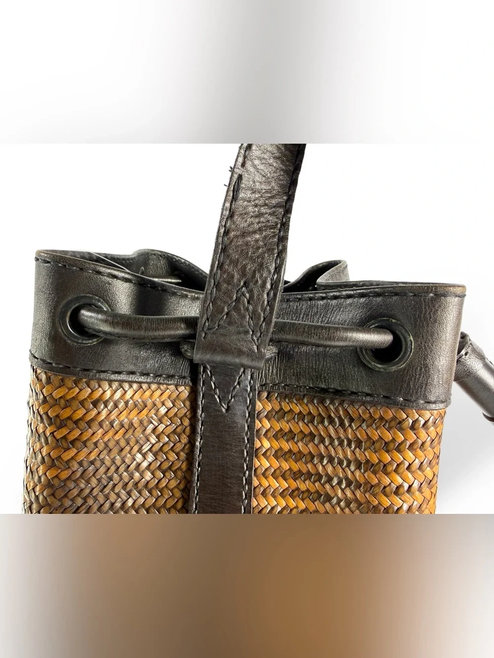 Source Unknown Brown and Black Woven Rattan / Leather Drawstring Crossbody Bag