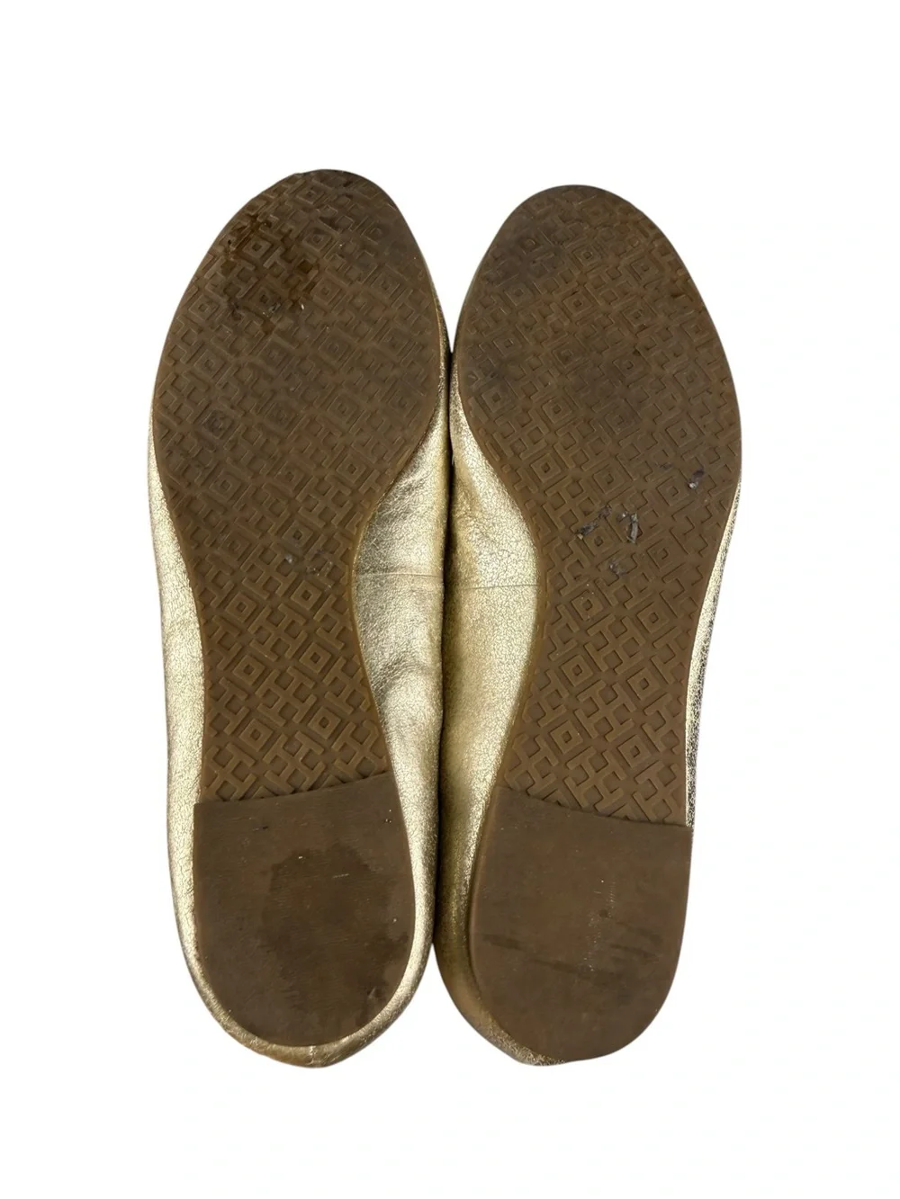 Tory Burch Louisa Gold Metallic Tan Logo Ballet Flats Sz 5.5