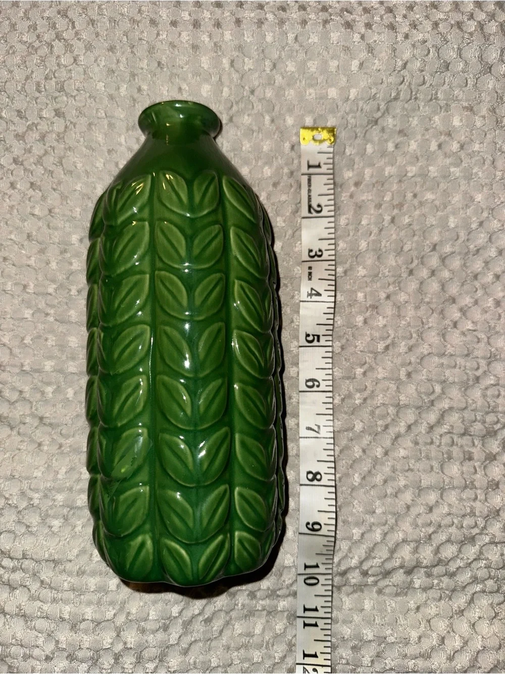 Glossy Green Leaf-Relief Ceramic Vase - Unbranded