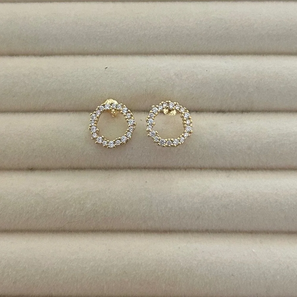 925 Sterling Silver Circle Pave CZ Stud Earrings 14k Gold Plated Open Hoop Round