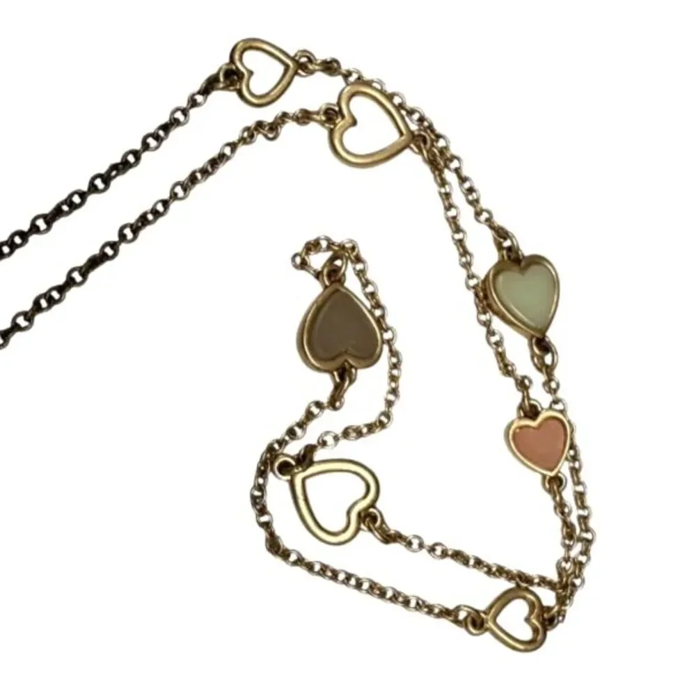 J.Crew Heart Station Necklace Gold Tone Chain Enamel Pastel Pink Green Long
