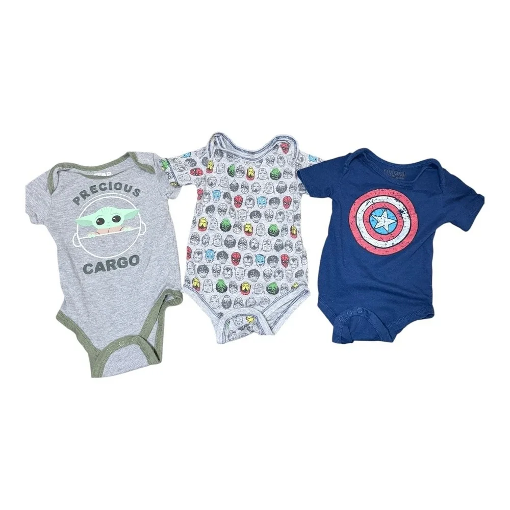 Marvel Star Wars Bodysuit Kids 12M Grogu‎ Captain America Avengers 3PK Gray Blue