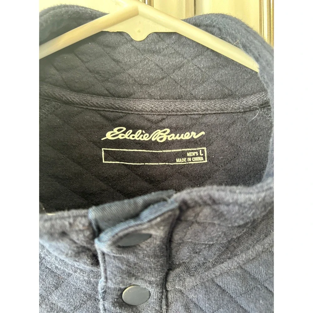 Eddie Bauer Mens Large Navy Blue Quilted Pullover Sweatshirt Snap Mock Neck Top