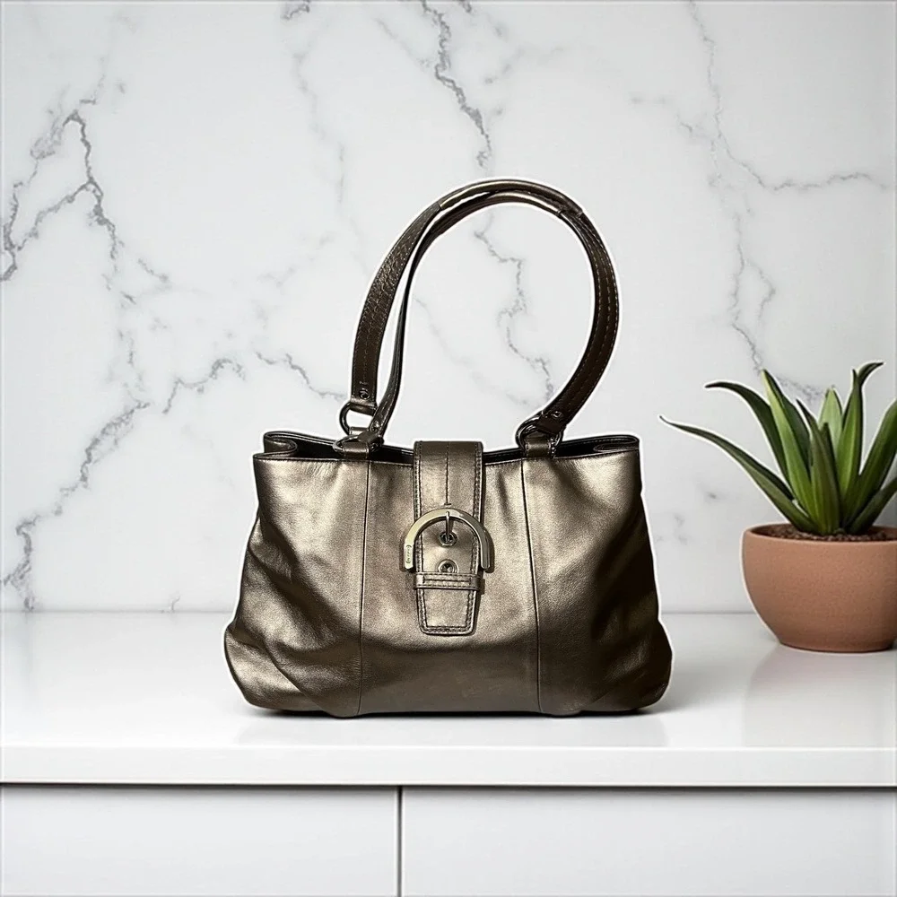 Coach Metallic Bronze Leather Buckle Shoulder Bag Satchel Handbag Purse‎