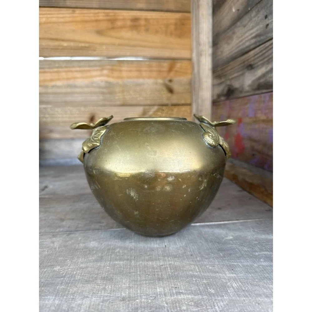 Brass Bowl Pot Vase‎ Art Deco Nouveau Style Vintage Floral Lillipad Handles