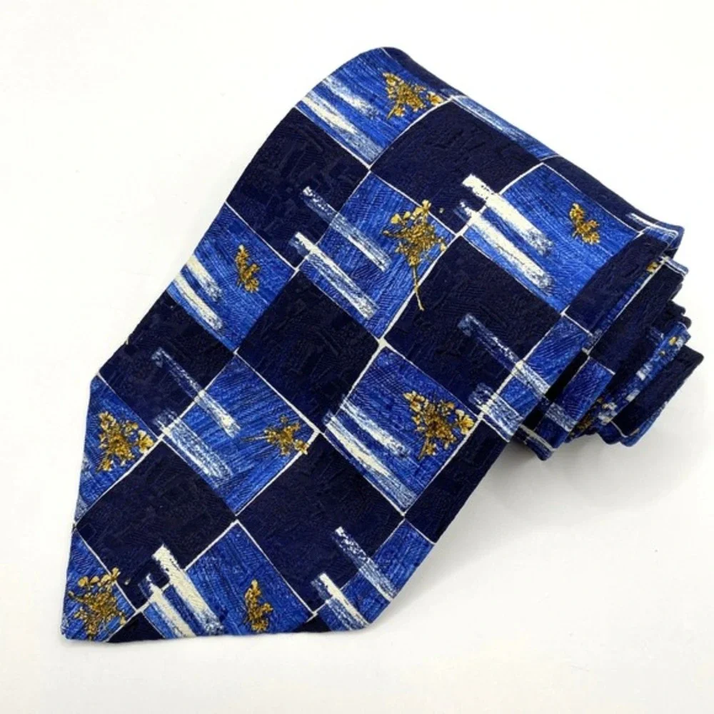 Ermenegildo Zegna Mens Silk Tie Necktie Navy Boho Floral Check Preppy Italy Made