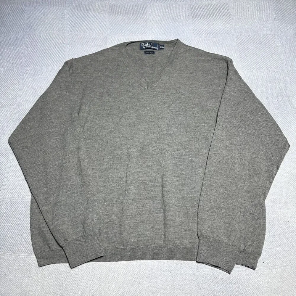 Polo by Ralph Lauren Gray 100% Wool V-Neck‎ Pullover Knit Sweater Size 2XL