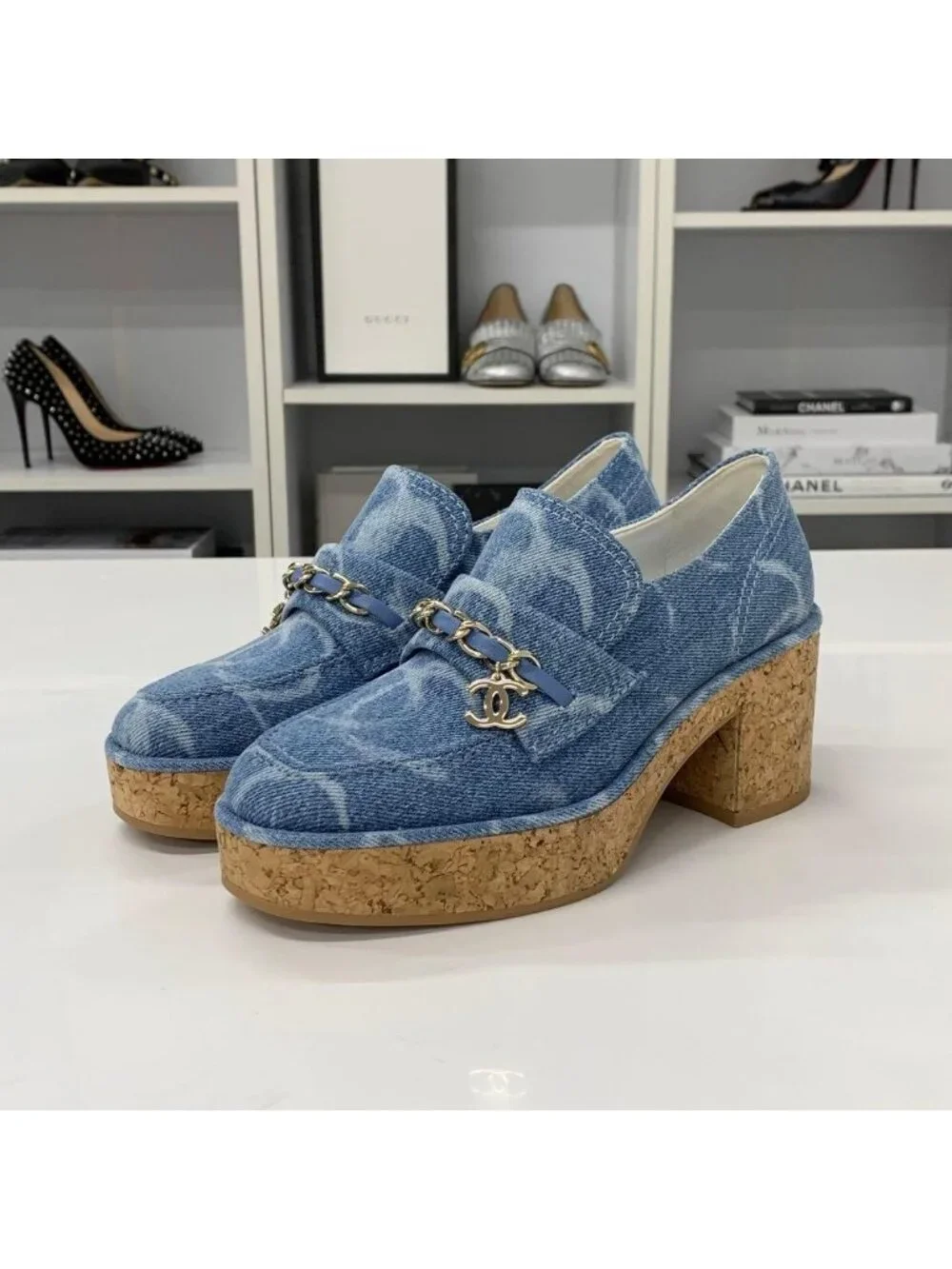 Chanel CC Logo Chain Denim Thick Bottom Cork Loafers Blue