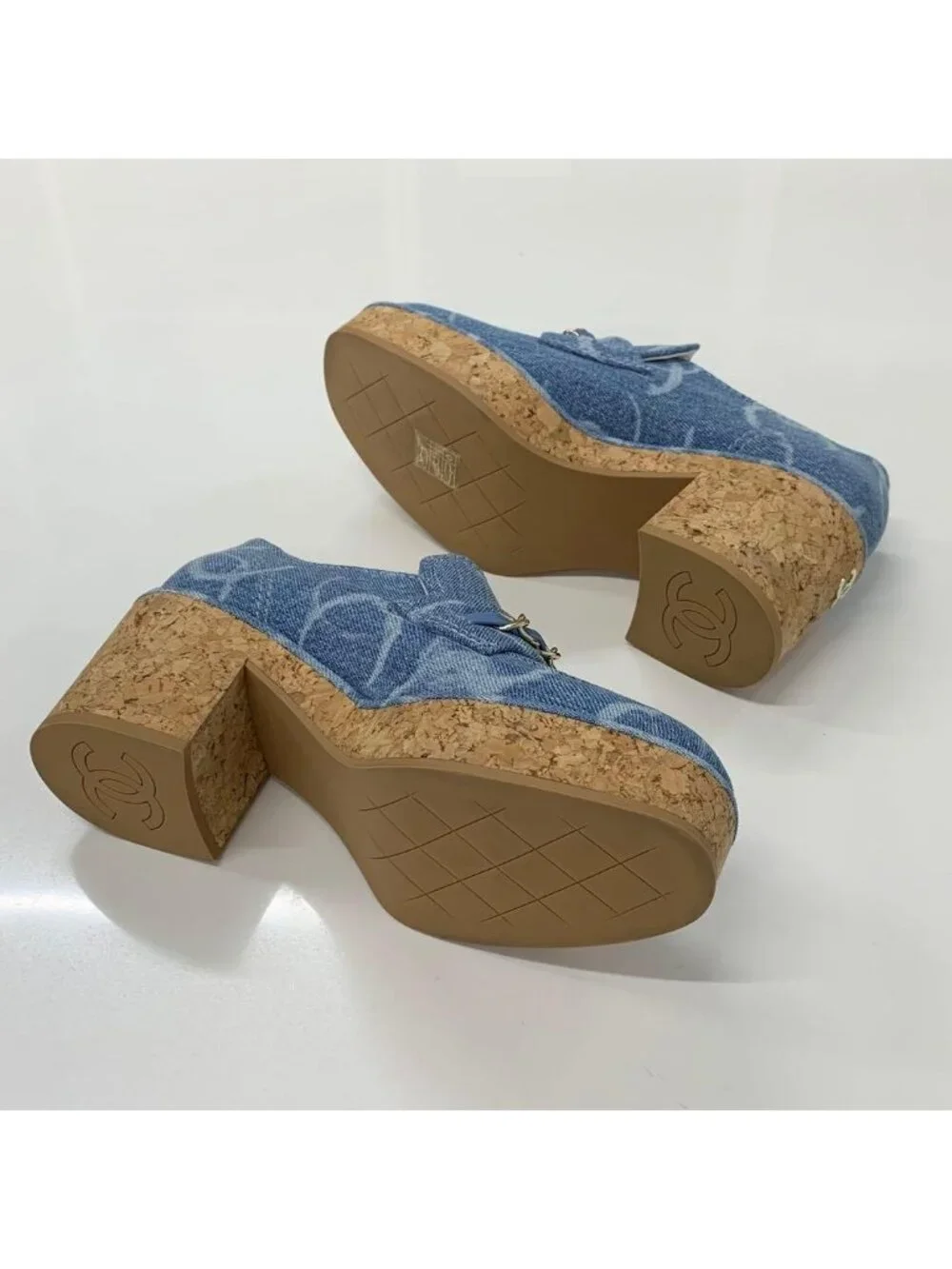 Chanel CC Logo Chain Denim Thick Bottom Cork Loafers Blue