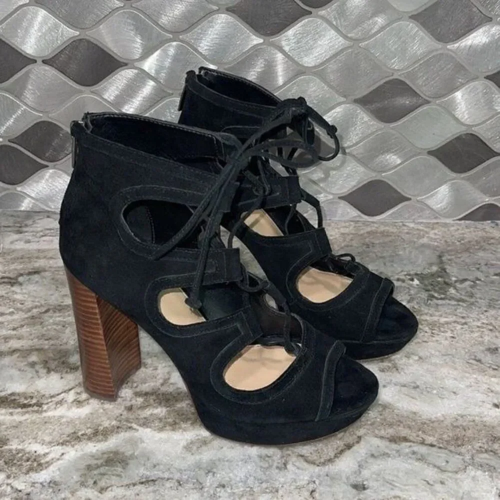 Vince Camuto Women Black Suede Lace-up Hight Block Heels Size 8
