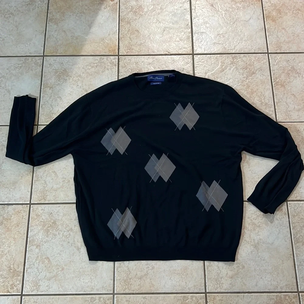 Alan Flusser Silk Cotton Blend‎ Navy Blue Golf Sweater Argyle Design, Sz XXL