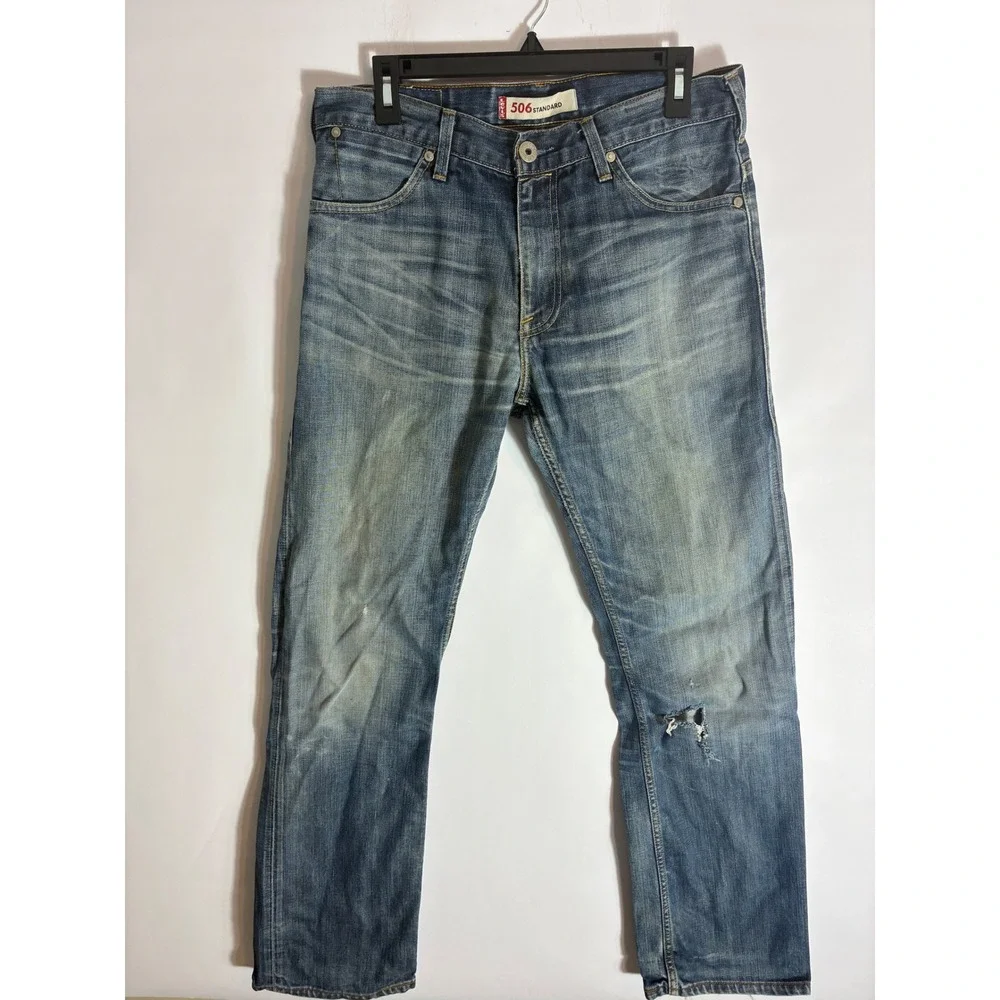 Levis 506 Standard Straight Leg Jeans Blue Faded Distressed Grunge Mens 33x31
