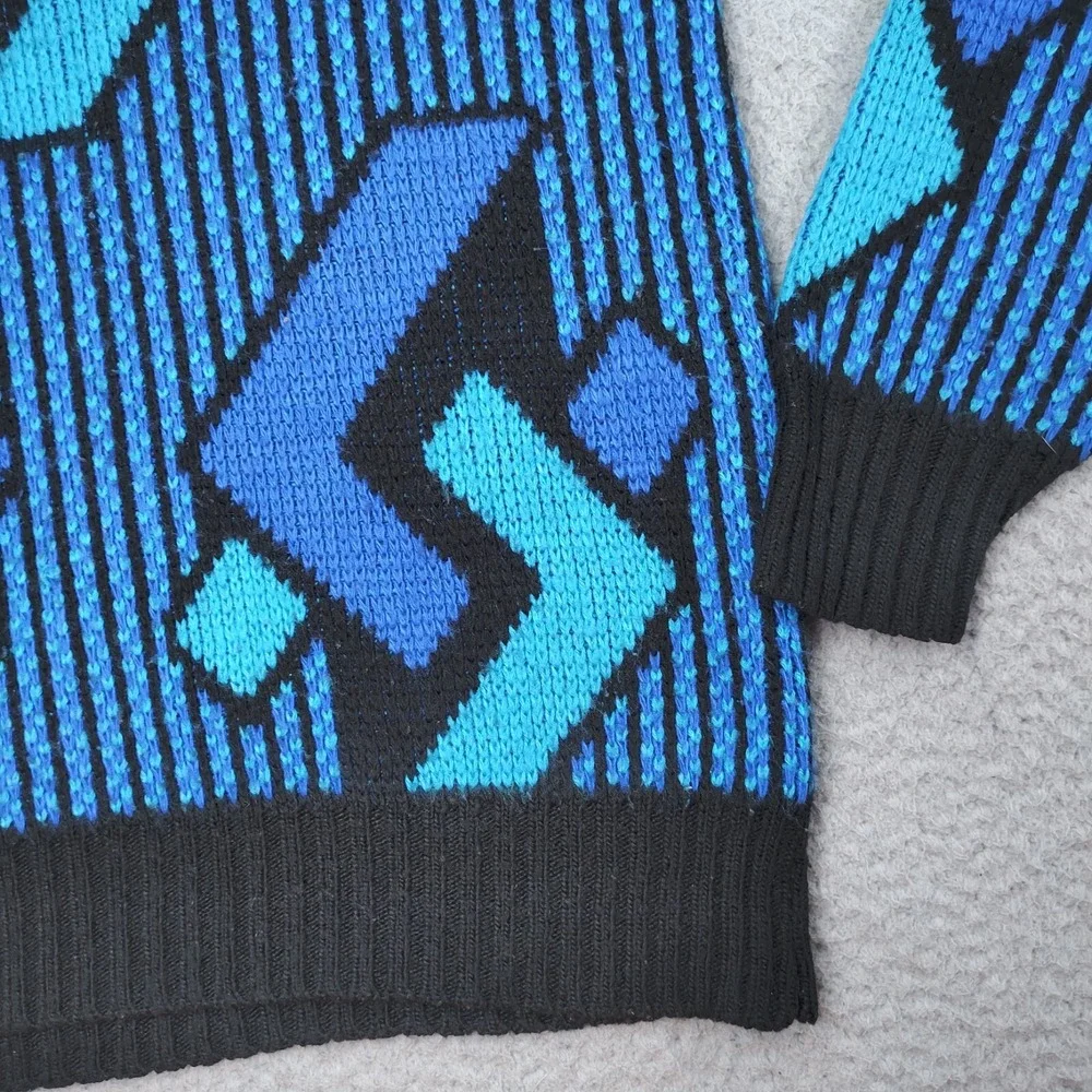 Prince Bernado Sweater Mens Blue Geometric Knitted Acrylic Long Sleeve Pullover