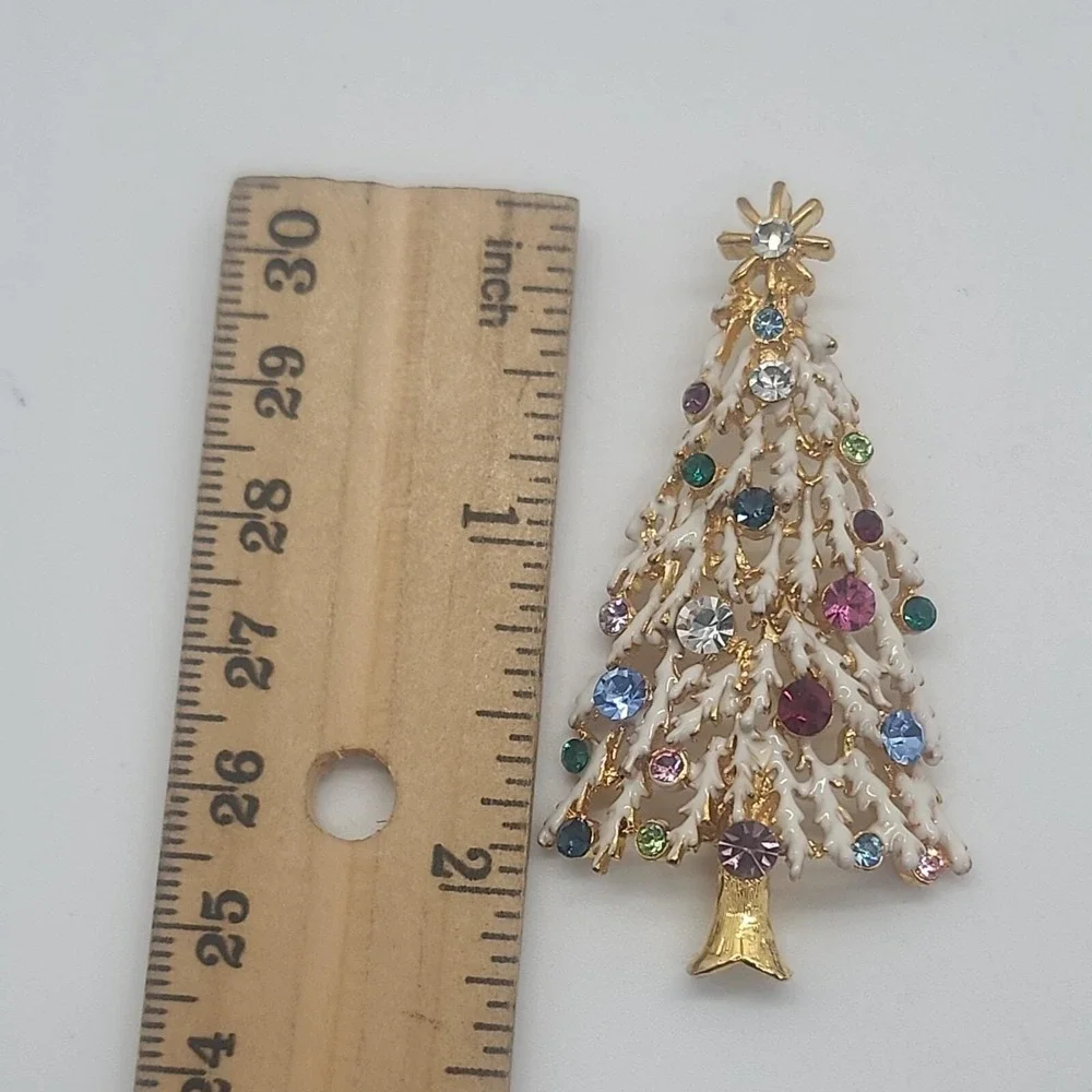 Vintage gold tone white enamel colorful rhinestone‎ Christmas Tree pendant