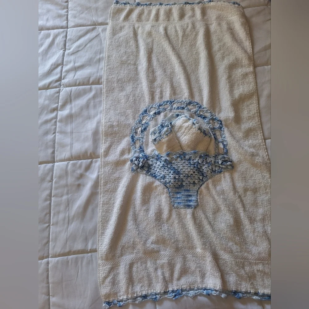 Hand Crafted Cream Bath Towel with Blue Crochet Basket Accent