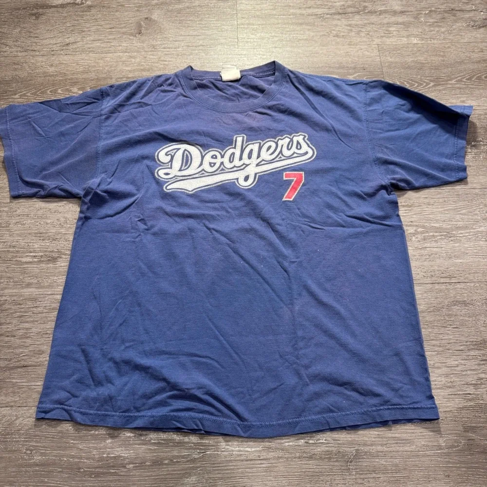 Vintage Dodgers JD Drew #7 Lee Sport Shirt Mens XL Blue Cotton MLB Baseball Tee