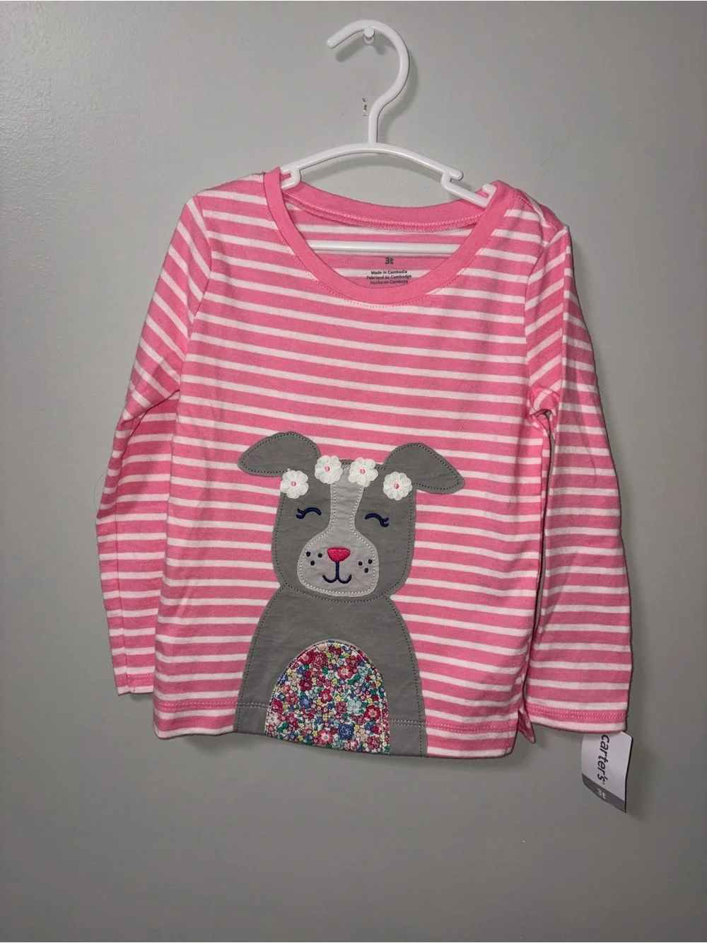 Carters Pink Striped Floral Dog Appliqué Long Sleeve Tee NWT 3T