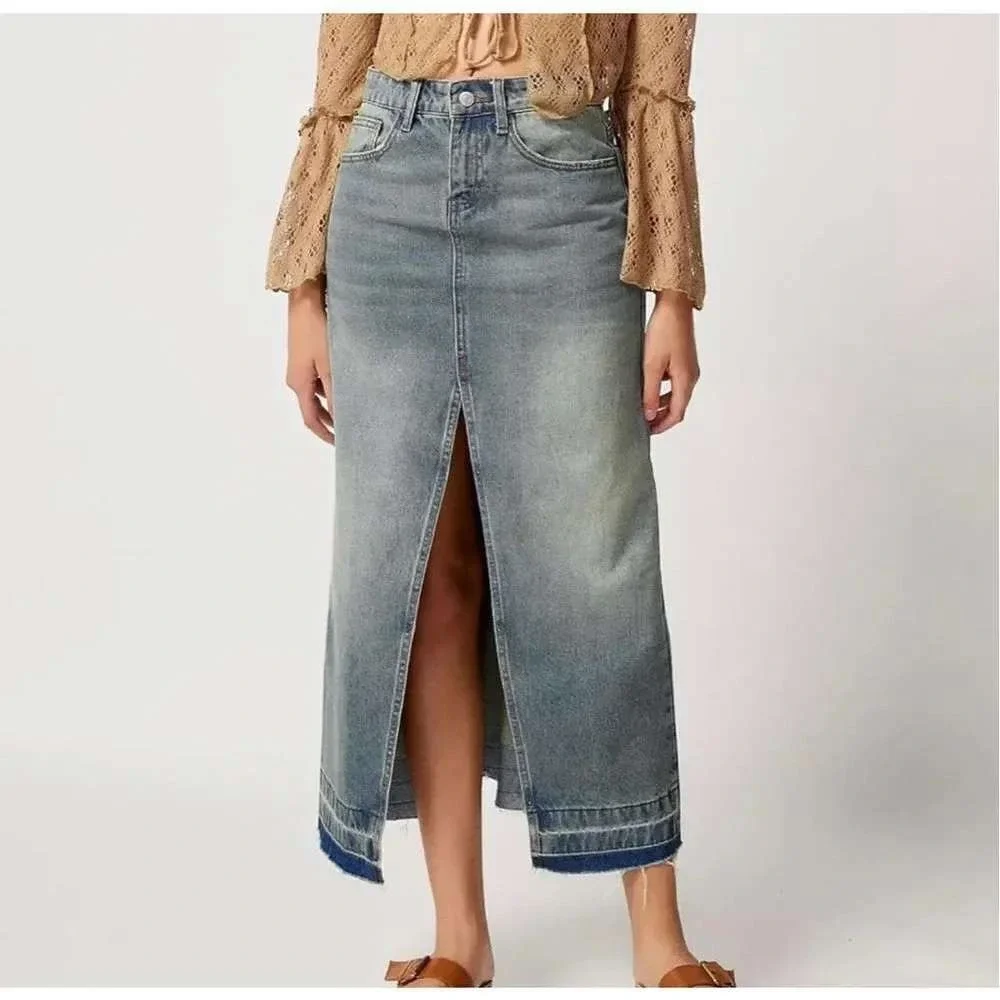 NWT Happily Grey Washed Denim 5 Midi Skirt Slit Frayed Hem‎ Whiskered Modest Y2K