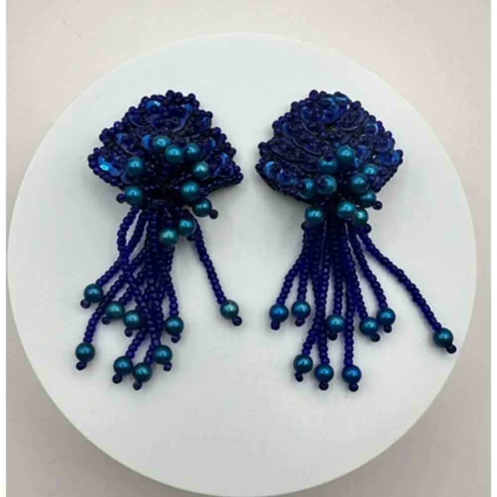 Vintage 90s Teal Blue Beaded Sequin Fringe Dangle Earrings Women's Jewelry