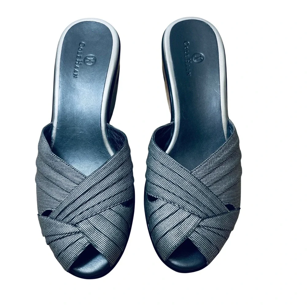 Cole Haan Nike Air Metallic Silver Striped‎ Wedge Sandals Platform Slides 9B