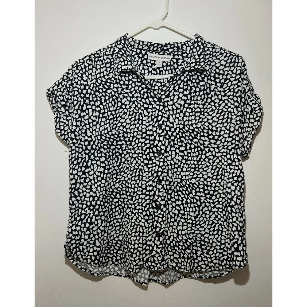 Alexander Jordan Black White Print Short Sleeve Blouse Top Casual Women's M