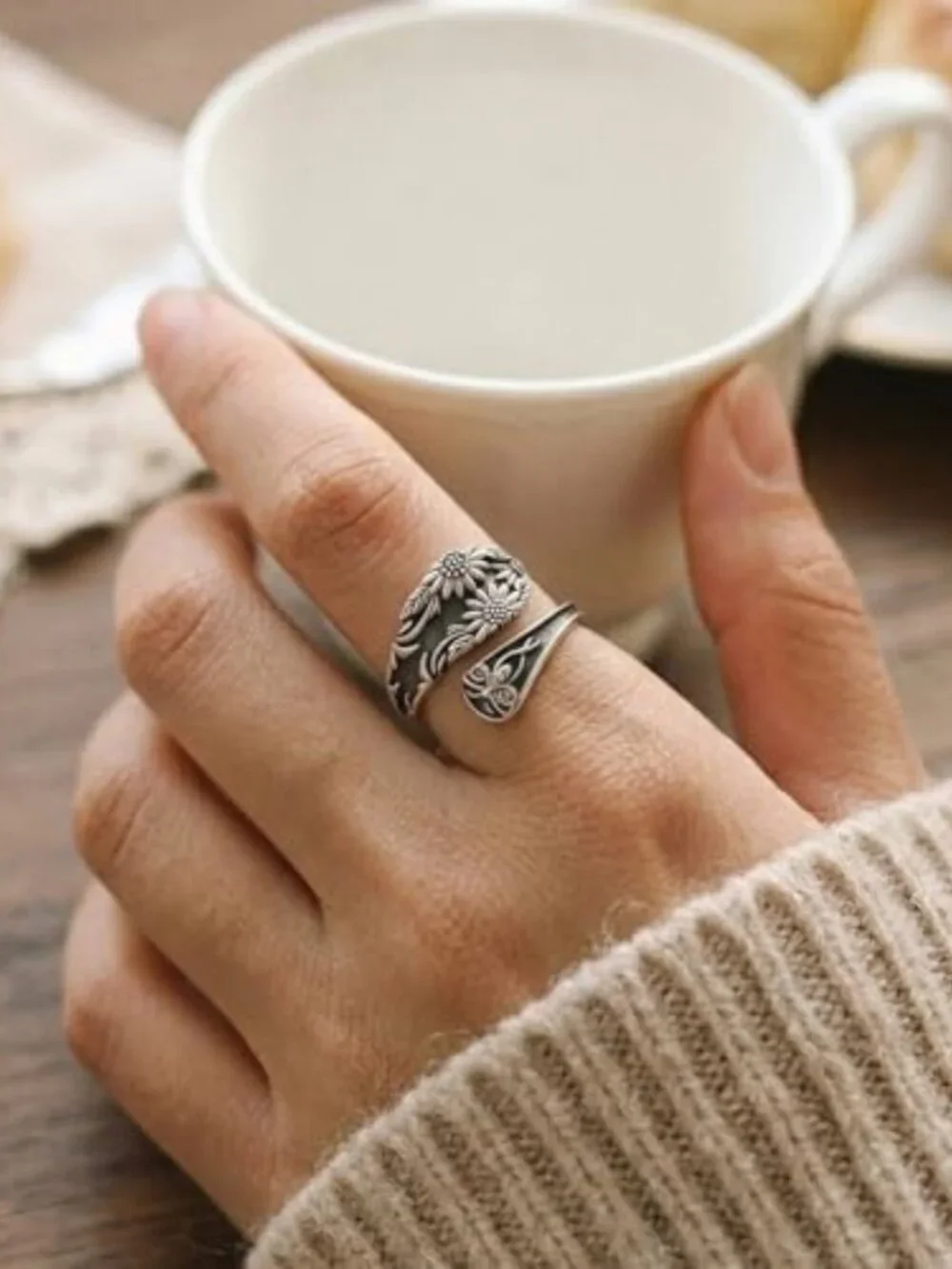 Vintage 925 Sterling Silver Adjustable Spoon Ring for Women - Unique Thumb Wrap