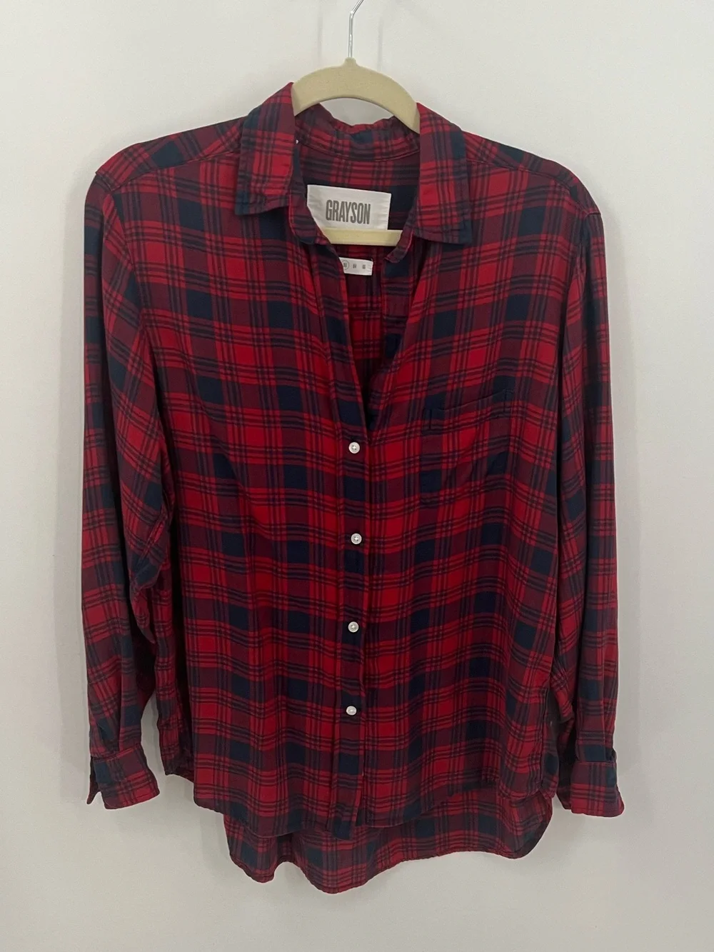 Grayson the Hero red & navy blue plaid button-up shirt