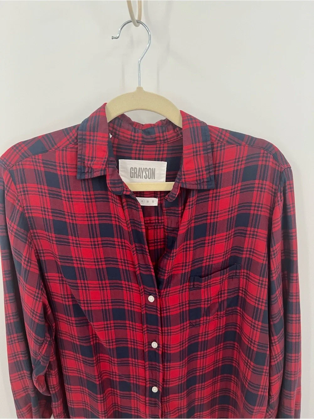 Grayson the Hero red & navy blue plaid button-up shirt