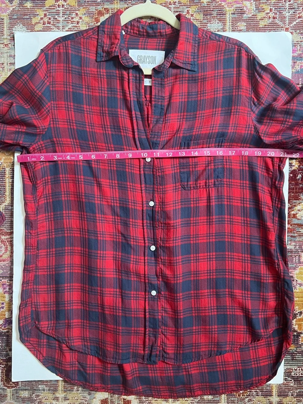 Grayson the Hero red & navy blue plaid button-up shirt
