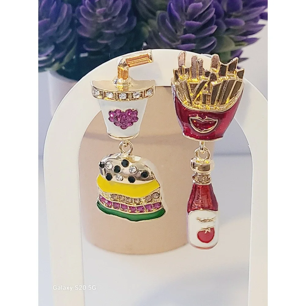 Fast Food Burger Fries Soda Ketchup Mismatched Enamel Rhinestone Drop Earrings