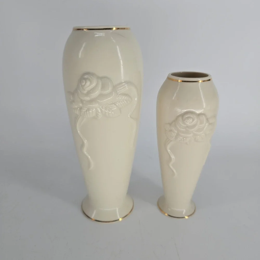 Vintage Lenox Ivory Rose Vases Pair Gold Trim French Country Decor