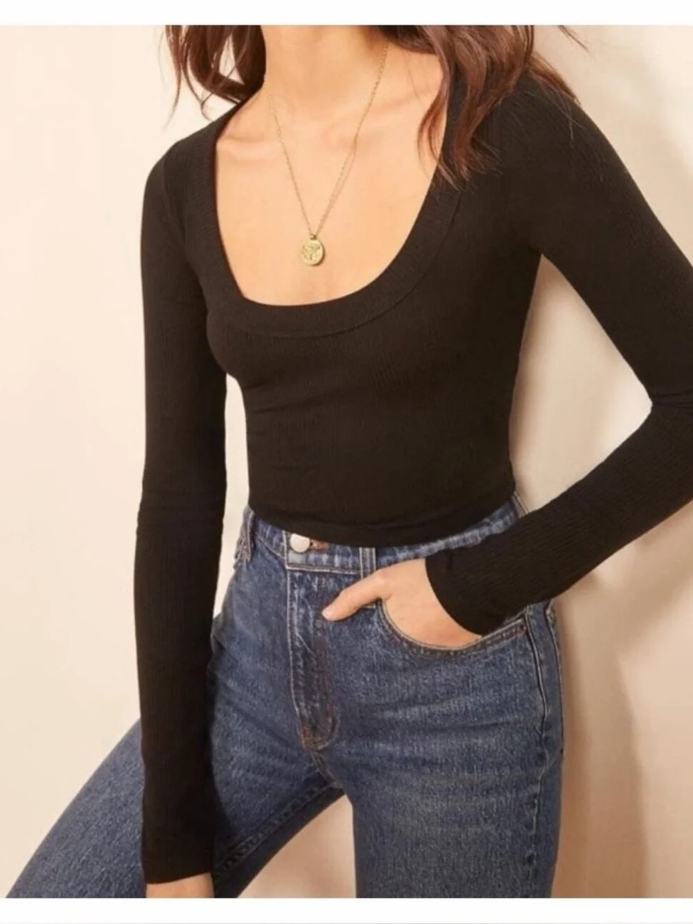 Reformation Paige Knit Long Sleeve Ribbed Crop Top
