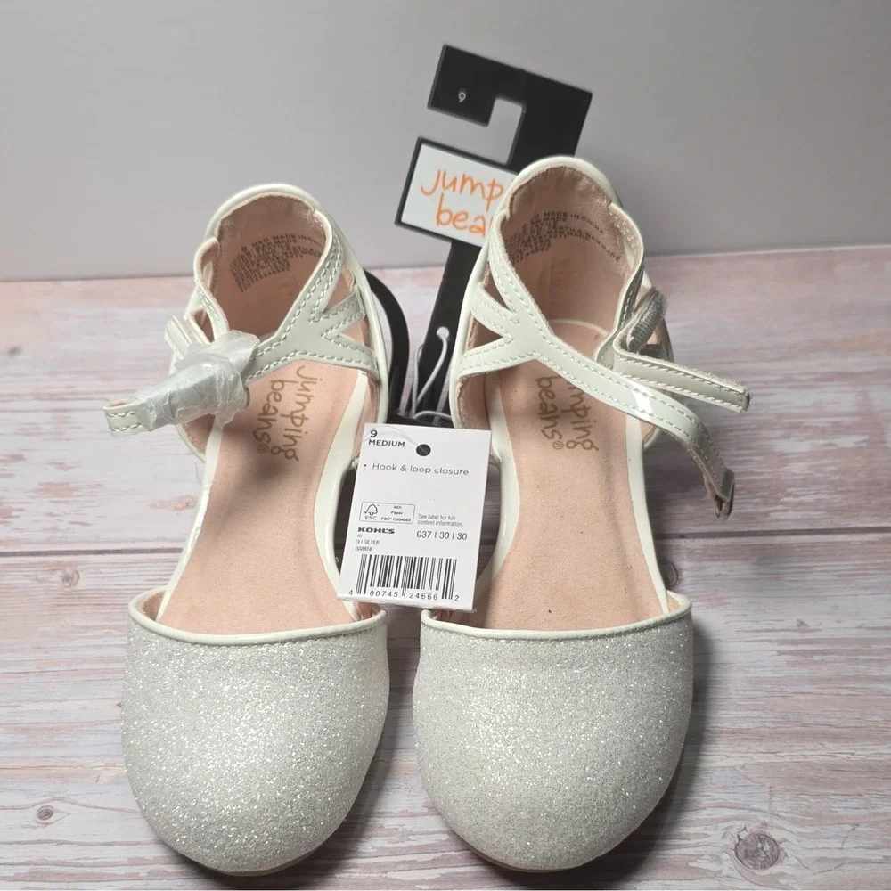 Jumping Beans Girls Mary Jane Dress Shoes Silver Glitter Hook & Loop 9M EU30