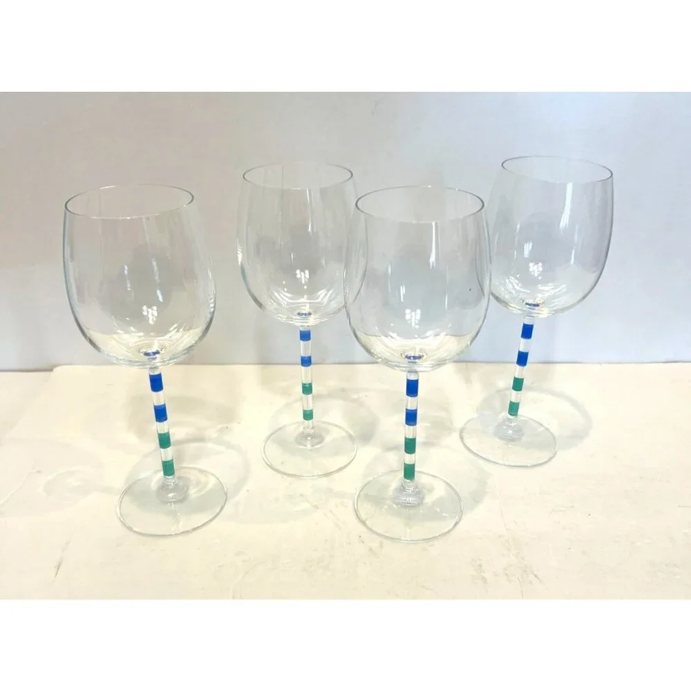 Set (4) Vintage Pier 1 Hand Painted Water Goblets Wine Glasses Blue Green Stripe