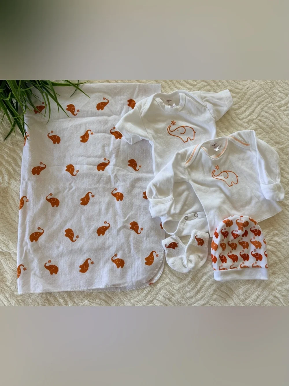 White Baby Essentials Set with Orange Elephant Print - 5 Piece