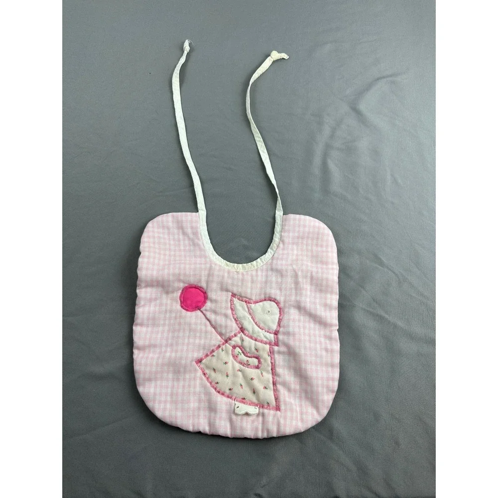 Vintage Sunbonnet Sue Baby Bib Pink Gingham Handmade Applique Tie Back‎