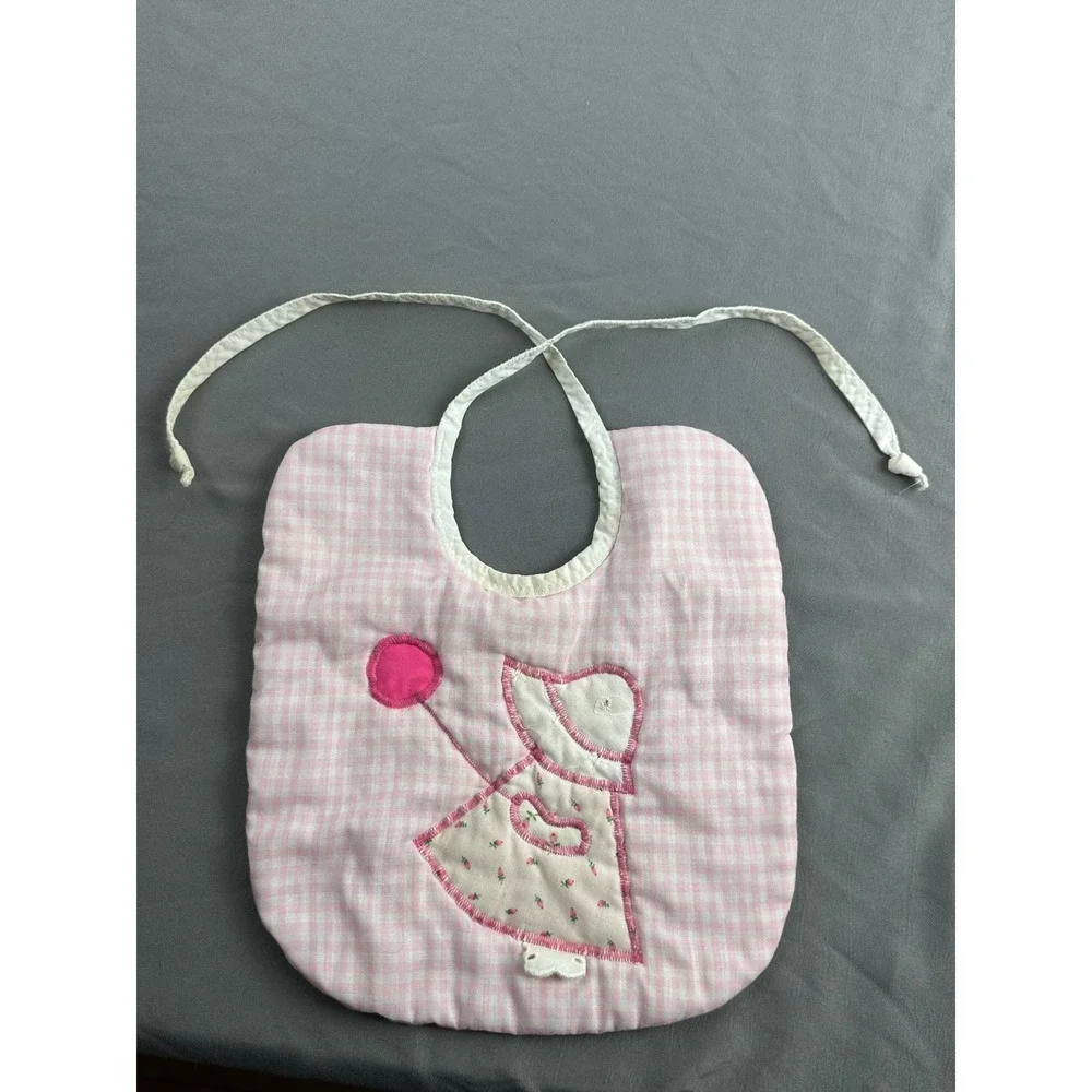 Vintage Sunbonnet Sue Baby Bib Pink Gingham Handmade Applique Tie Back‎