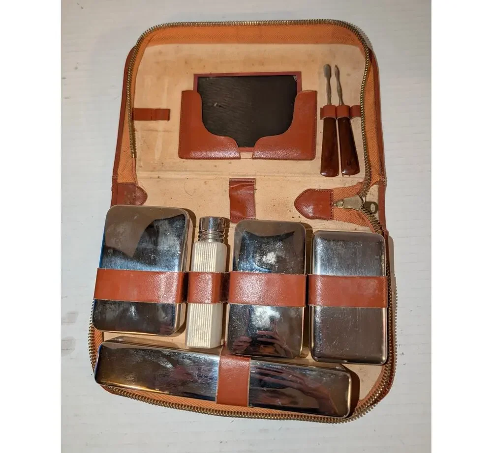 Vtg German Leather Toiletry Kit Art Deco Grooming Set Fuller After Shave