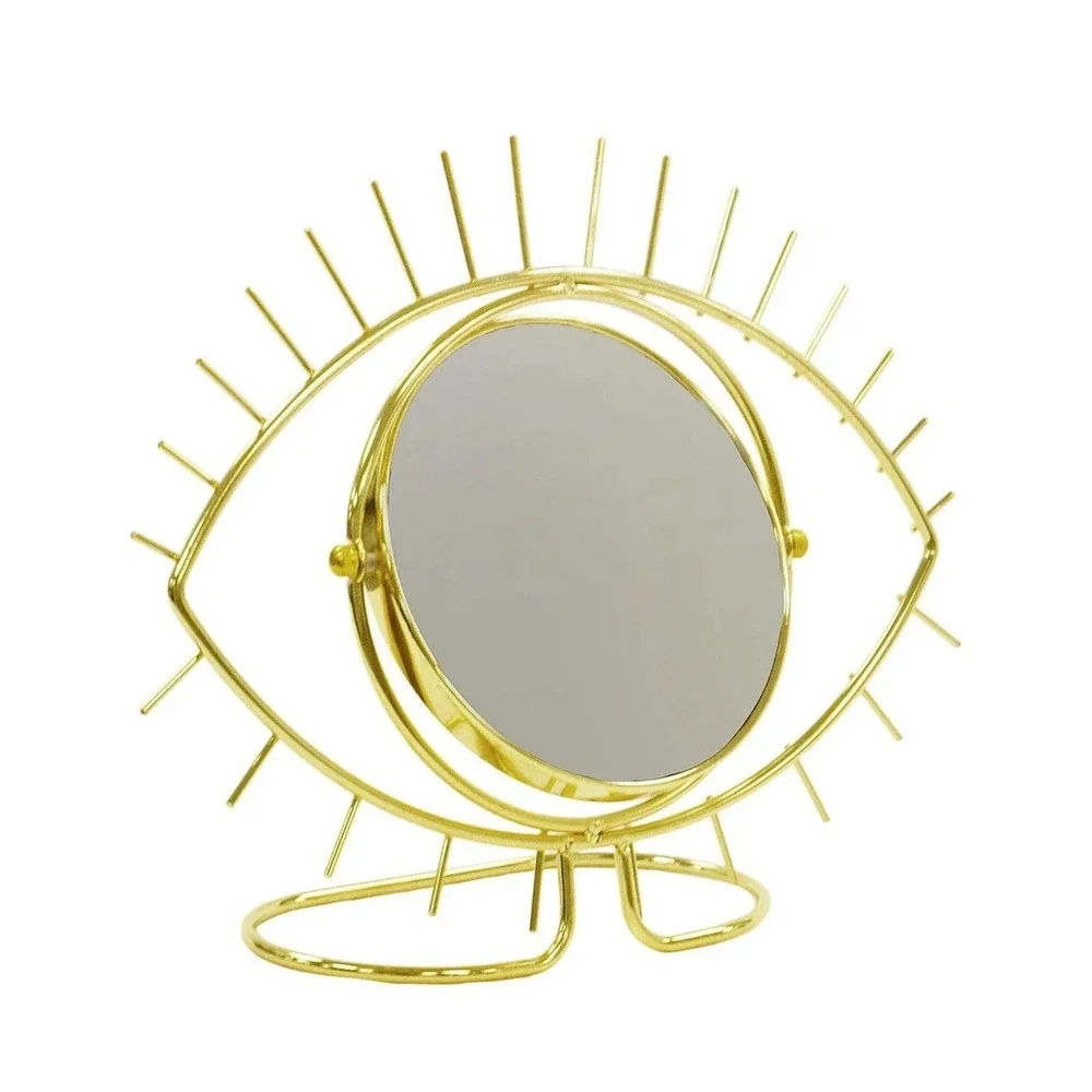 Open Eye-Shaped Gold Metal Double-Sided Vanity Makeup Magnifying Mirror 14x11x4