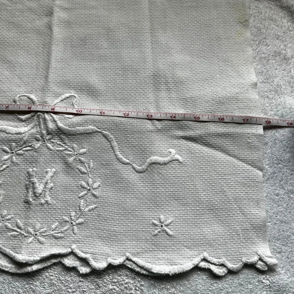 Vintage 3pc Table Linens White Hand Embroidered Lace Monogram M Floral Victorian