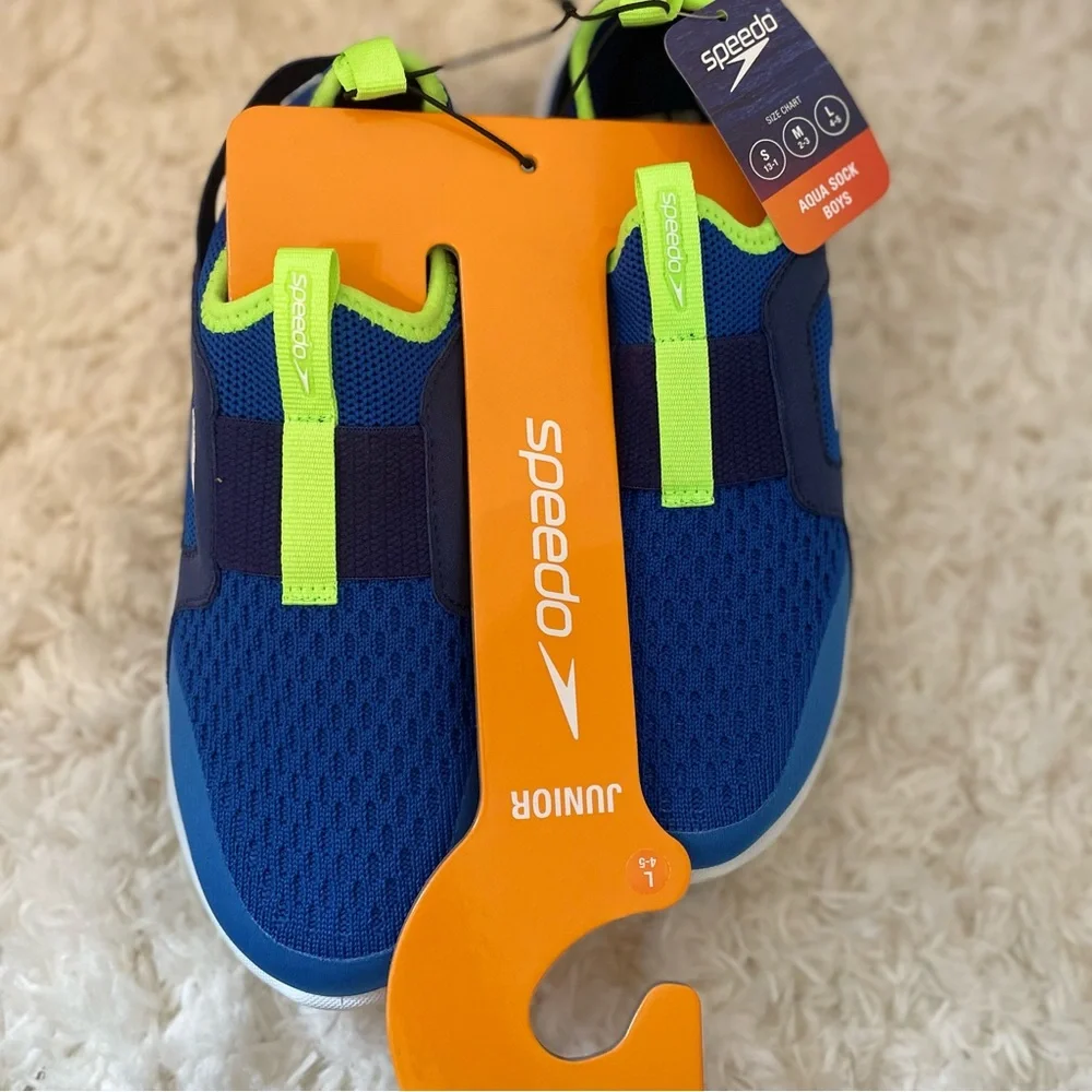 Speedo Junior‎ Aqua Sock Boys Water Shoes Blue Lime Green Size Large L 4-5 NEW
