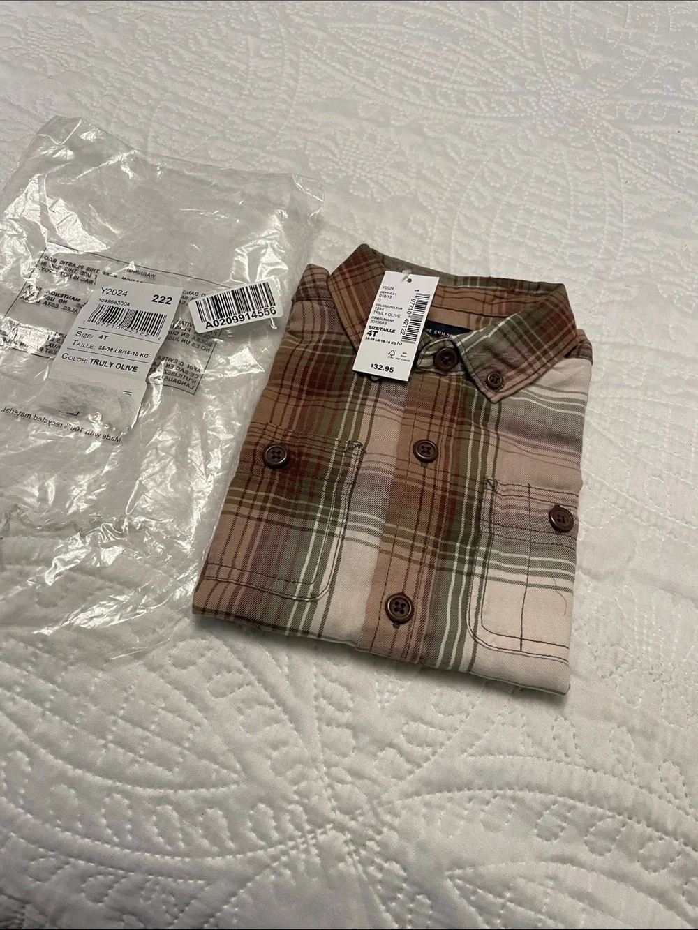 NWT $33 The Children’s Place 4T TRULY OLIVE Plaid Soft Long Sleeve Button Shirt