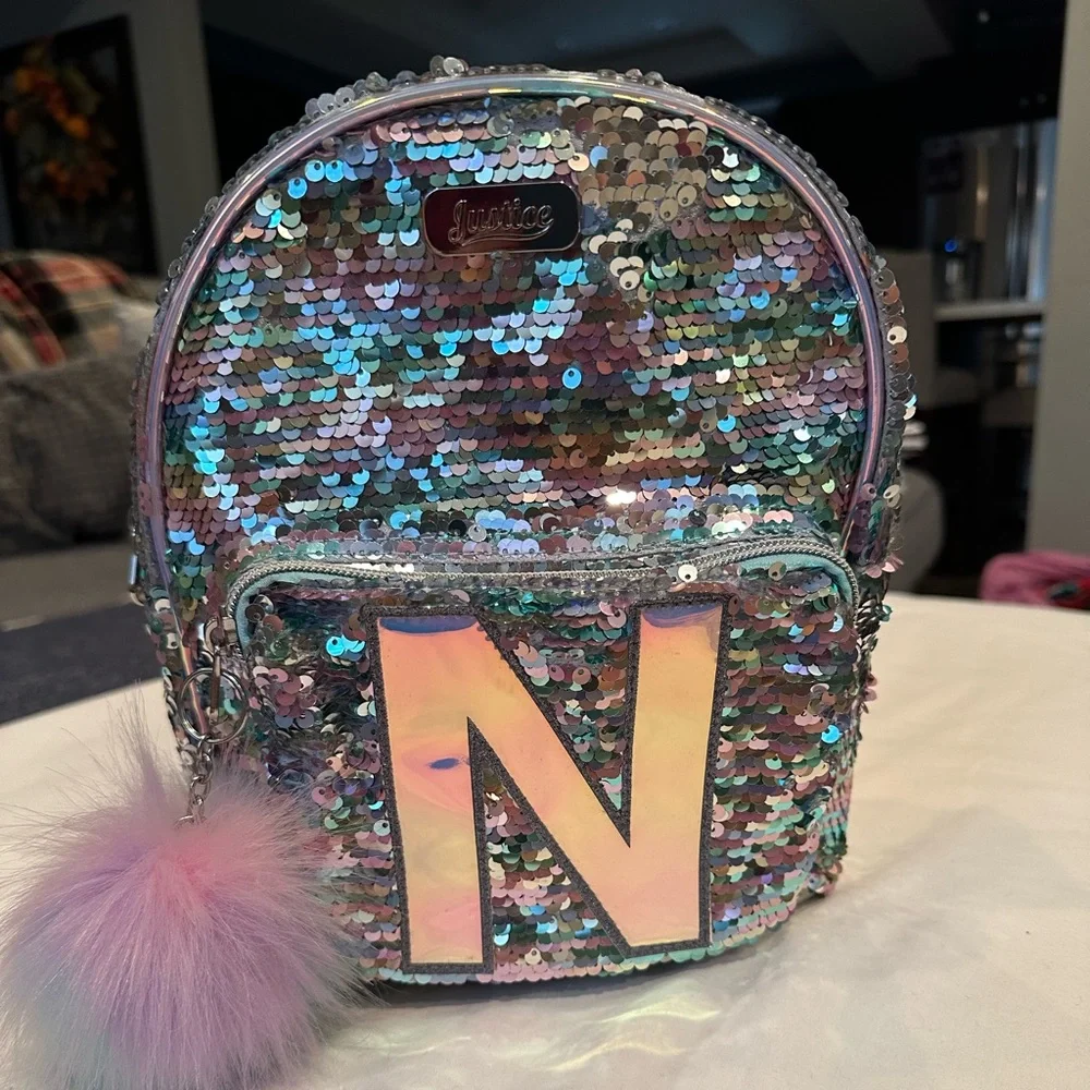 Justice Small Silver Sequin Backpack with Pom Pom Initial (Letter N)