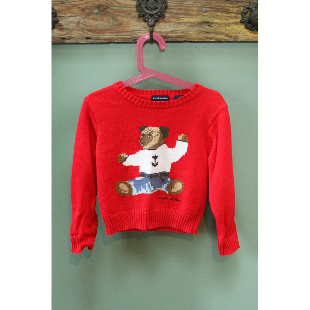 Vintage Ralph Lauren Kids Red Cotton Nautical‎ Bear Knit Sweater Size 4/5