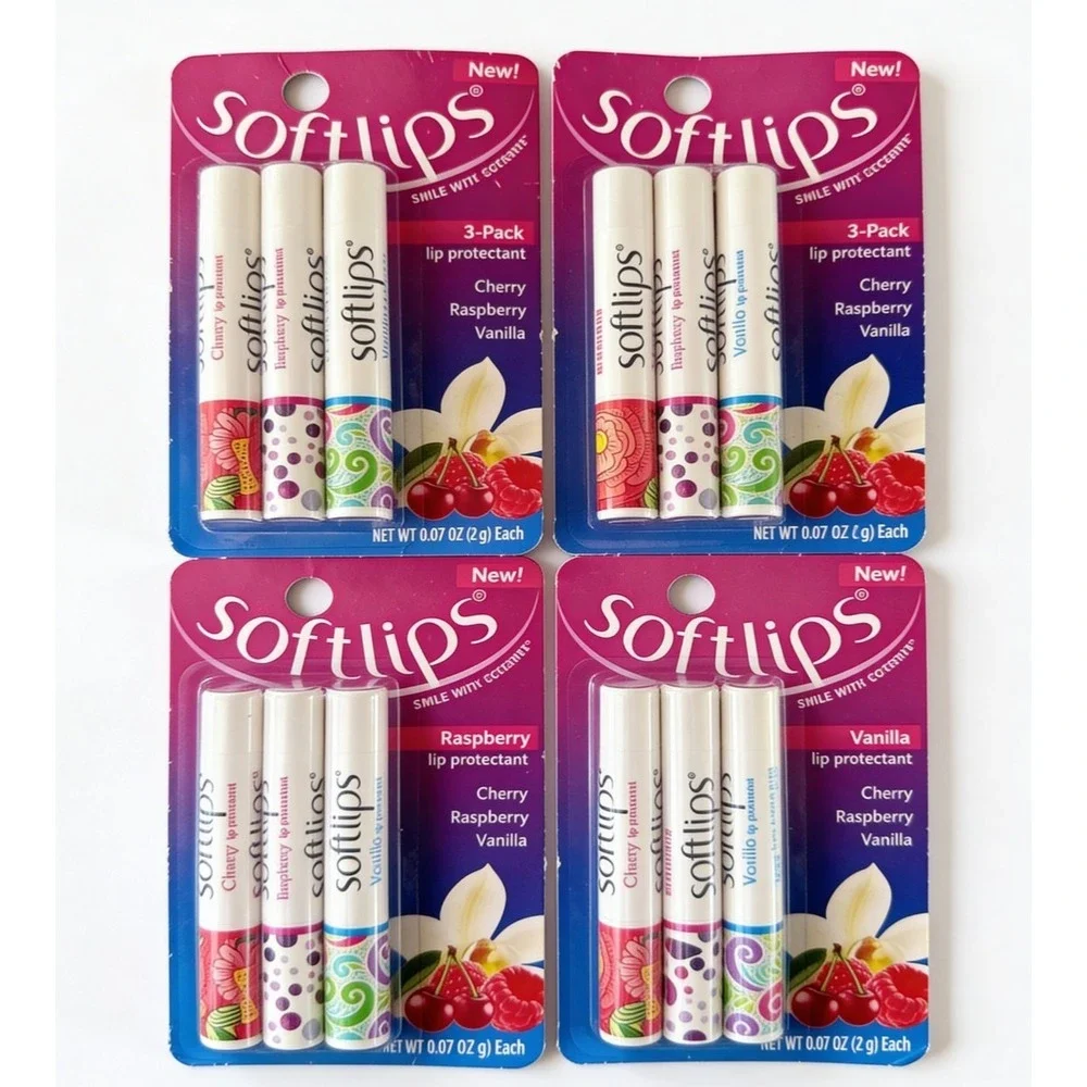 4 - 3 Packs Lip‎ Balm Cherry, Raspberry, and Vanilla Soft Lips New READ