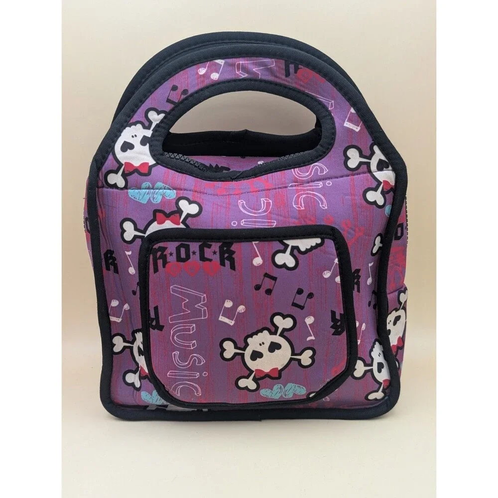 Insulated Neoprene Lunch Bag Tote Punk Rock Music Skull Crossbones Purple Pink