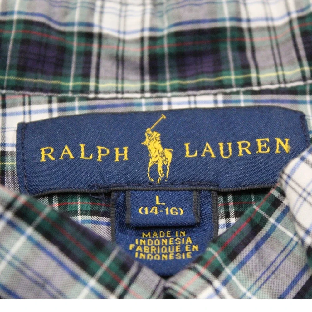 Ralph Lauren‎ Kids Plaid Button Down Shirt L/S Green Blue Size L 14-16 Cotton