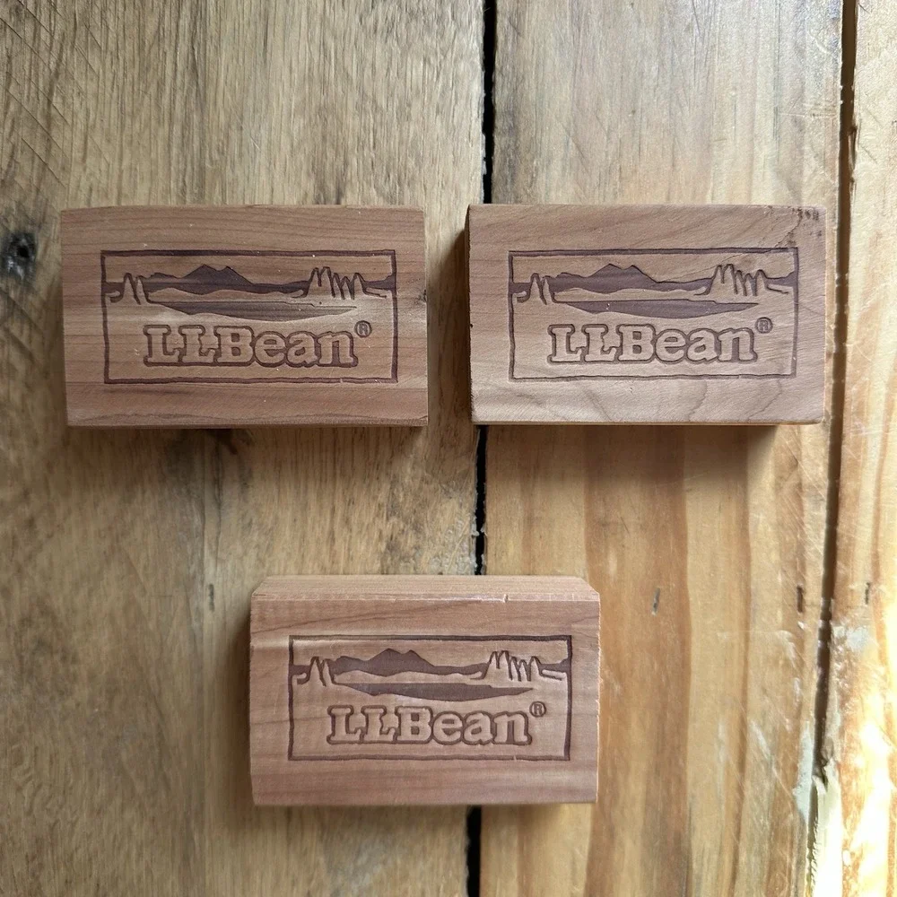 Vintage LL Bean CEDAR Wood Blocks Rare ‎ (SET of 3) Mountain Scene